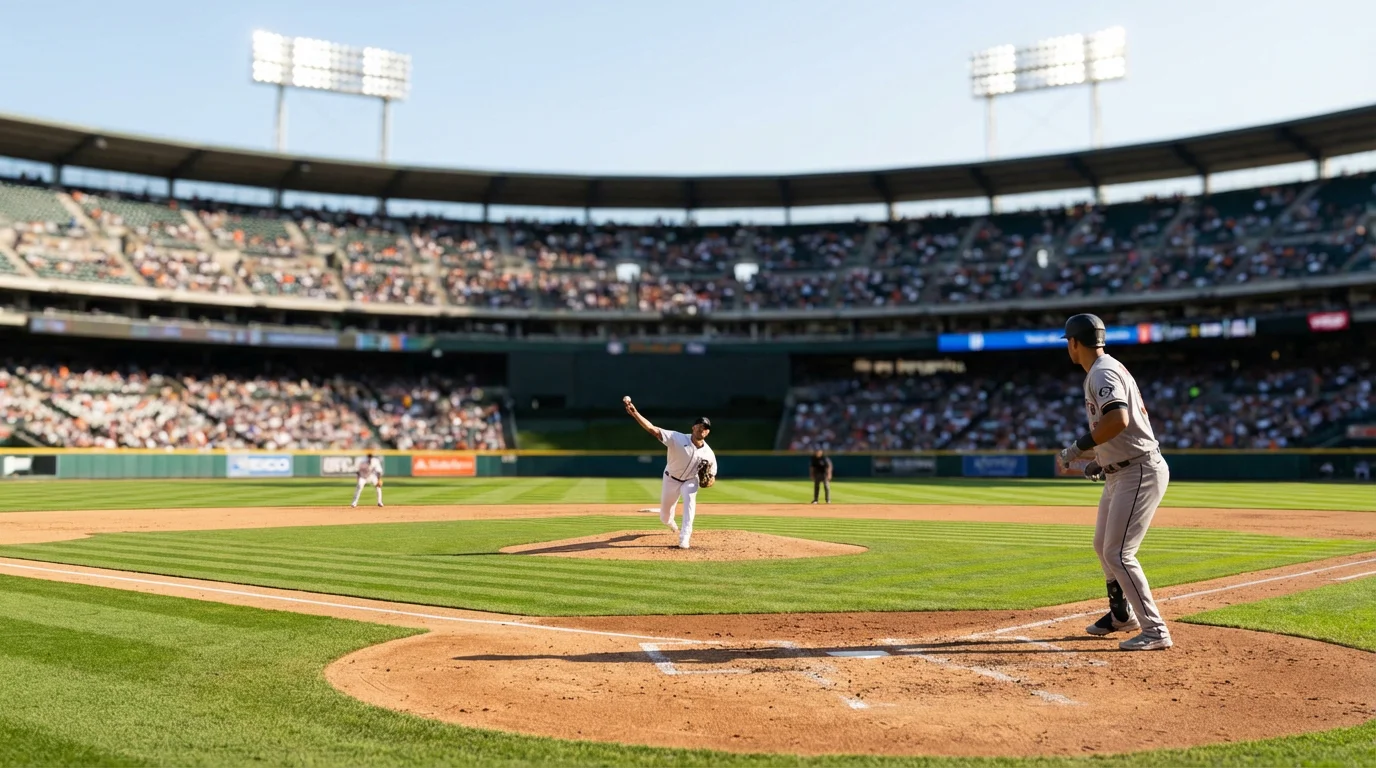 Pitcher wirft den Baseball zum Batter im Duell auf dem Diamond bei einem MLB-Spiel