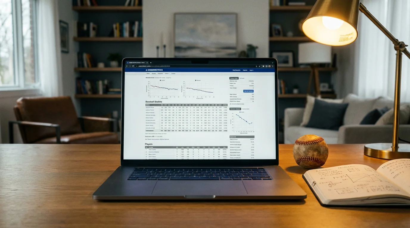 Laptop mit Baseball-Statistiken auf dem Bildschirm neben einem Baseball