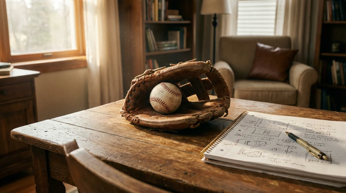 Baseball-Handschuh mit Ball auf einem Holztisch neben einem Notizbuch