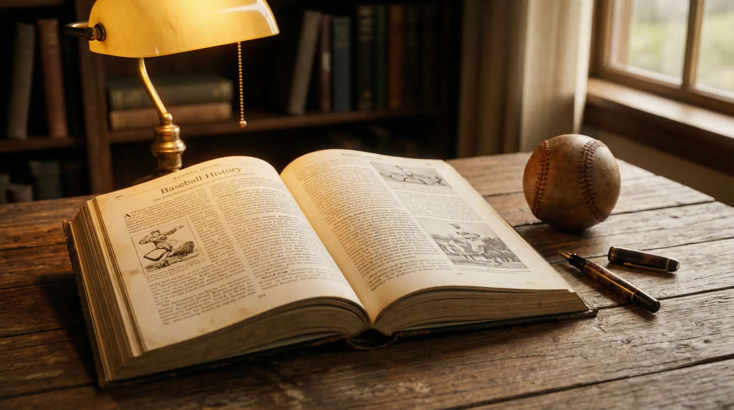 Aufgeschlagenes Buch neben einem Baseball und Stift