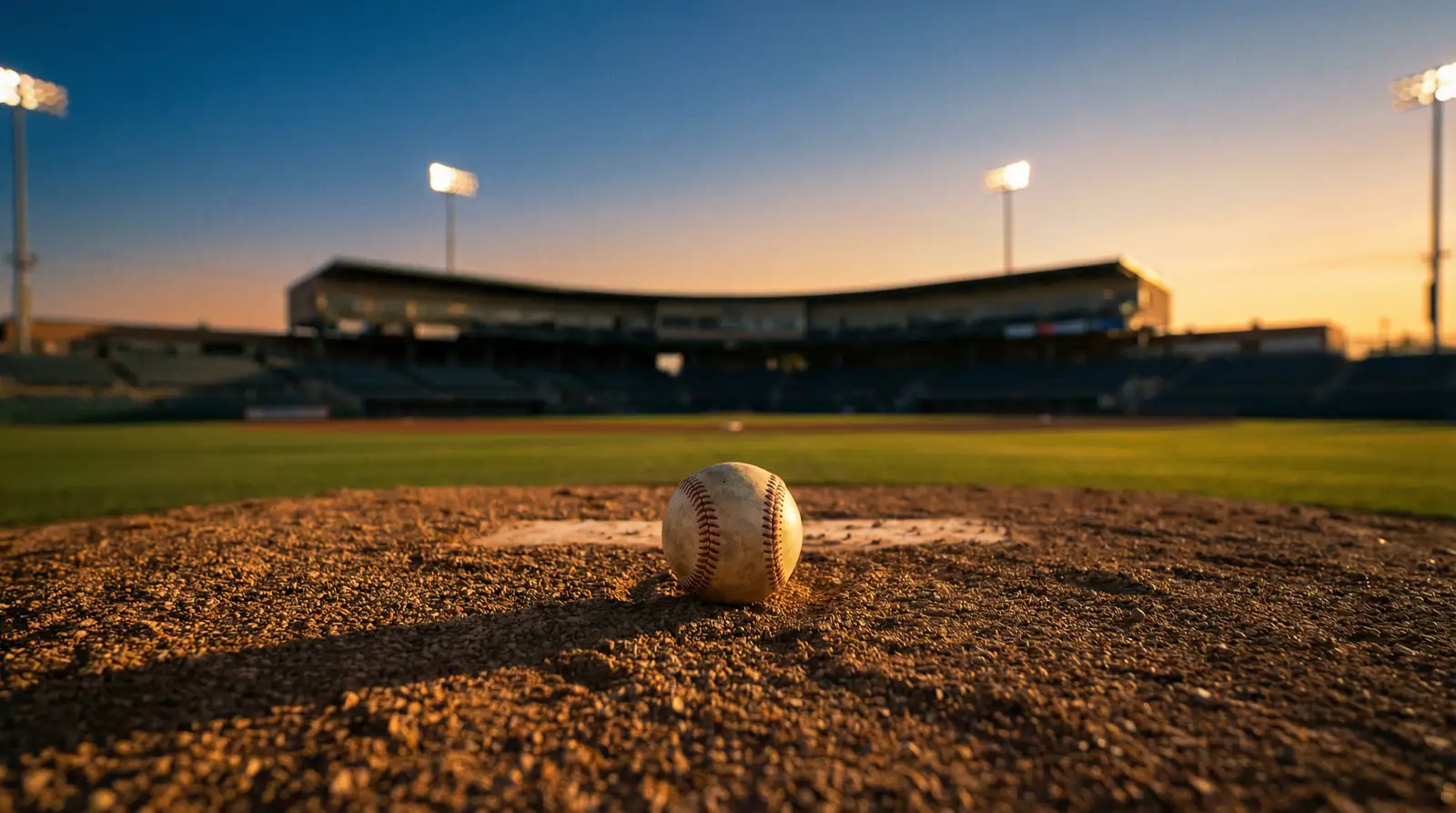 Baseball auf dem Pitcher Mound eines beleuchteten MLB-Stadions bei Abenddämmerung