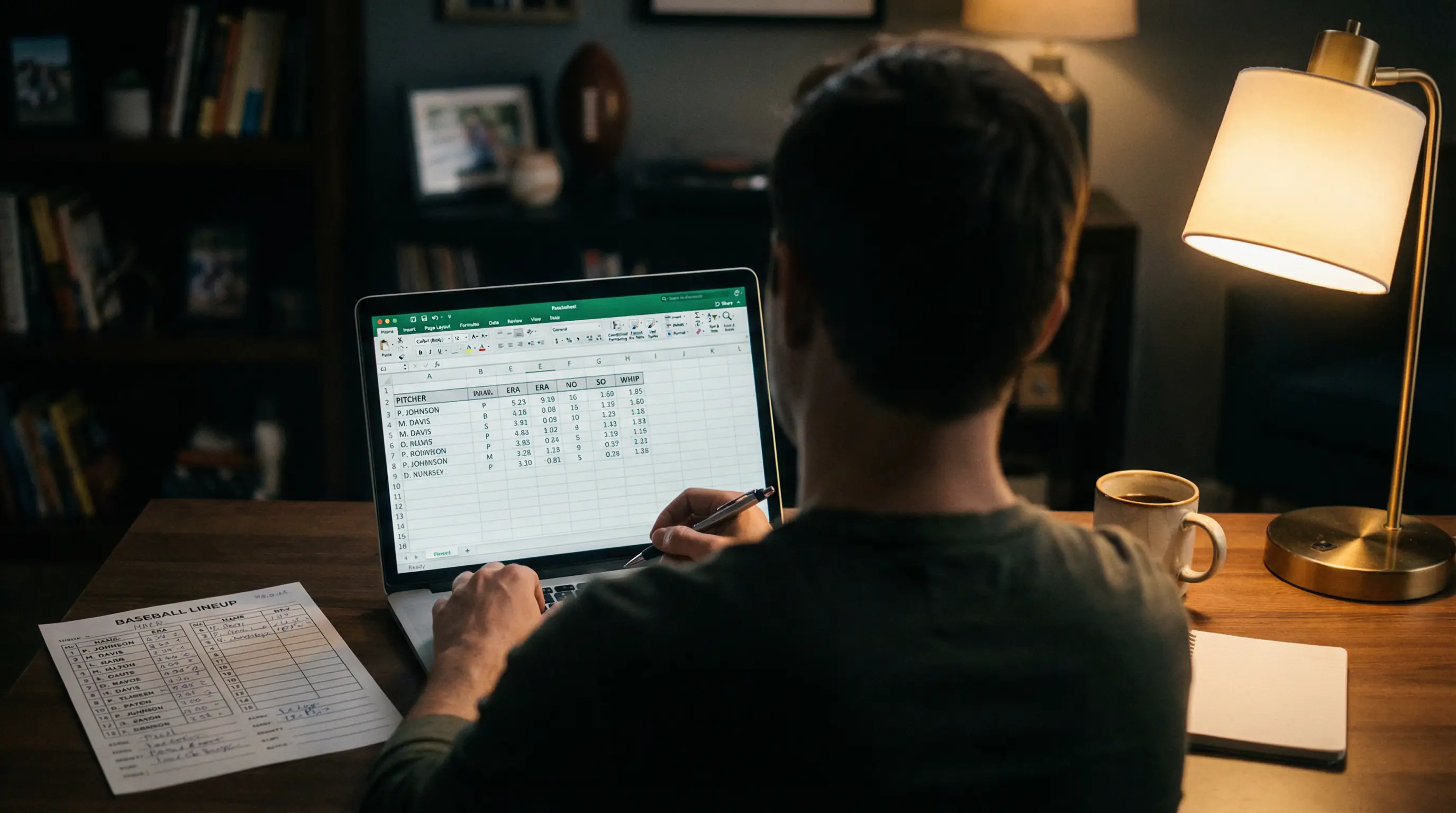Person analysiert Baseball-Statistiken und Pitcher-Daten auf einem Laptop für Wettstrategien