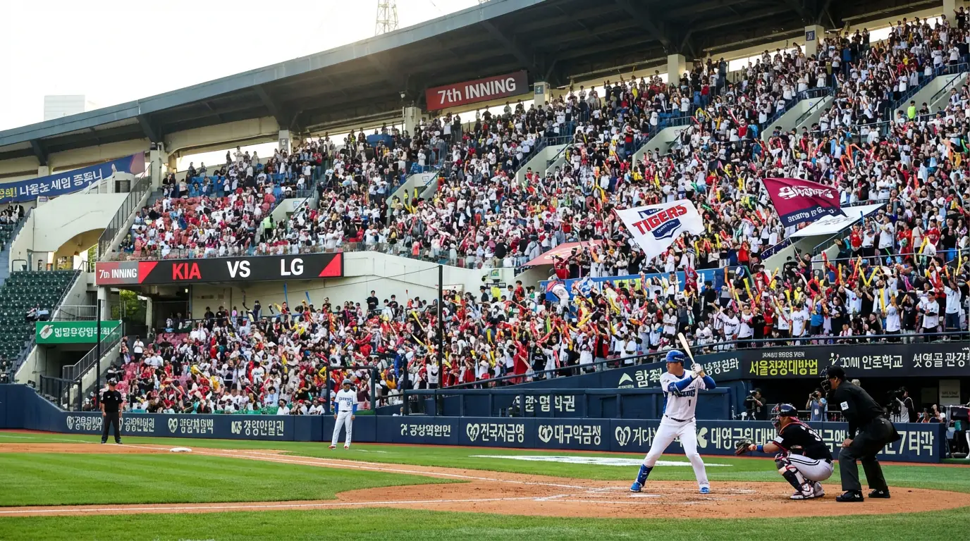 Südkoreanisches Baseballstadion mit Fans und Spielszene auf dem Spielfeld
