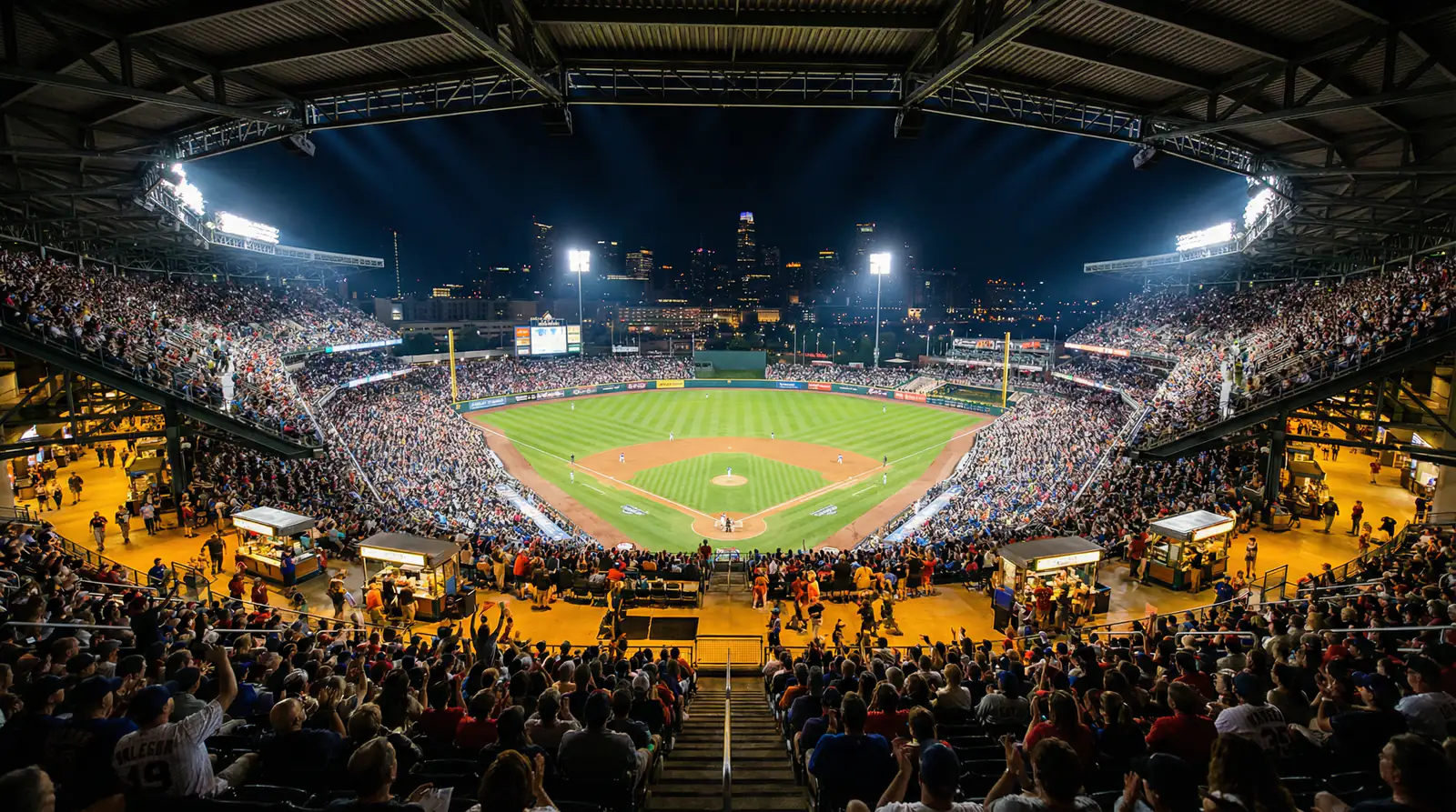 Volles MLB-Baseballstadion bei Nacht mit Flutlicht und tausenden Zuschauern