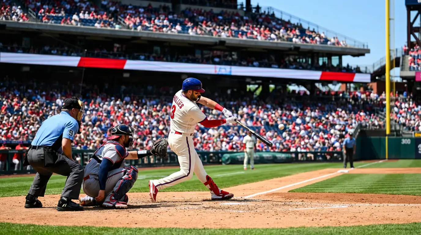 Baseballspieler am Schlag in einem MLB-Stadion bei Tageslicht