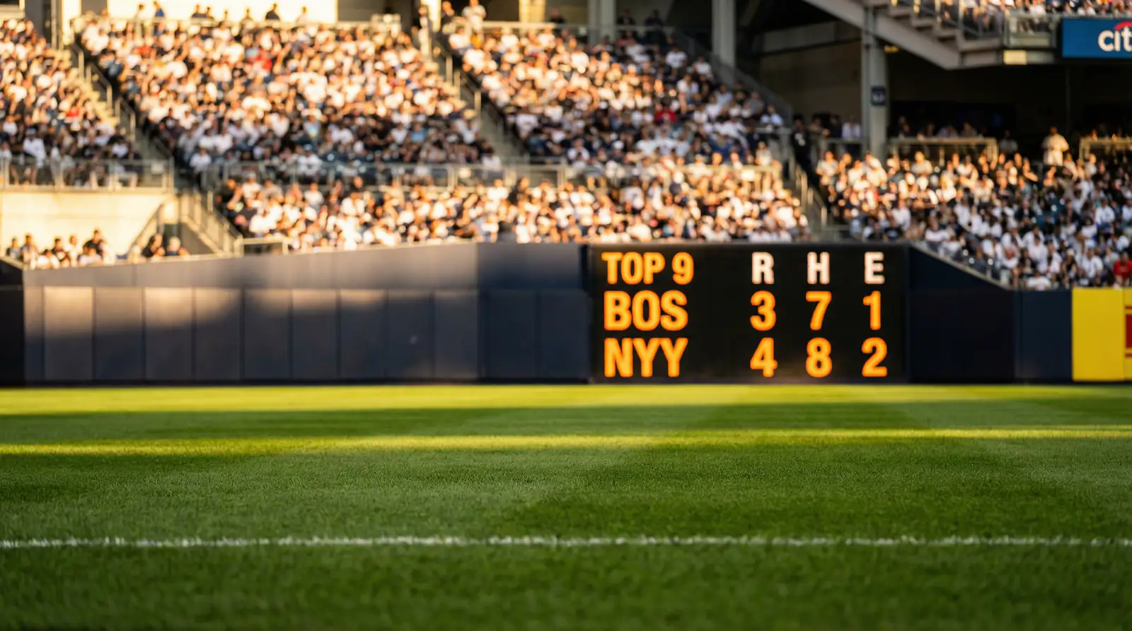 Baseball-Anzeigetafel mit Spielstand in einem MLB-Stadion