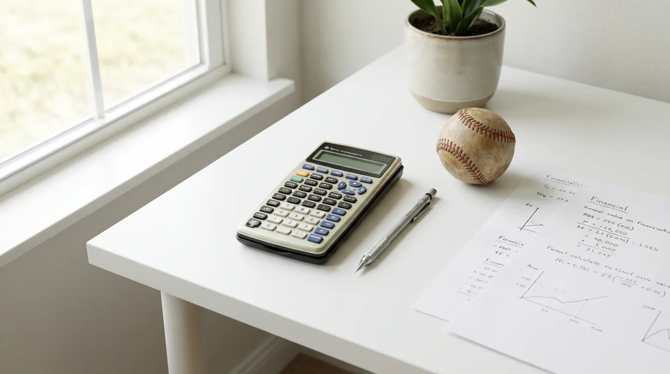 Taschenrechner und Stift auf einem Schreibtisch neben einem Baseball