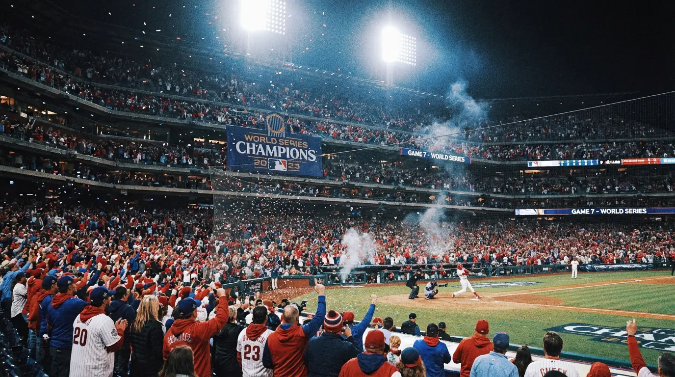 MLB World Series Spielszene bei Flutlicht in einem ausverkauften Stadion